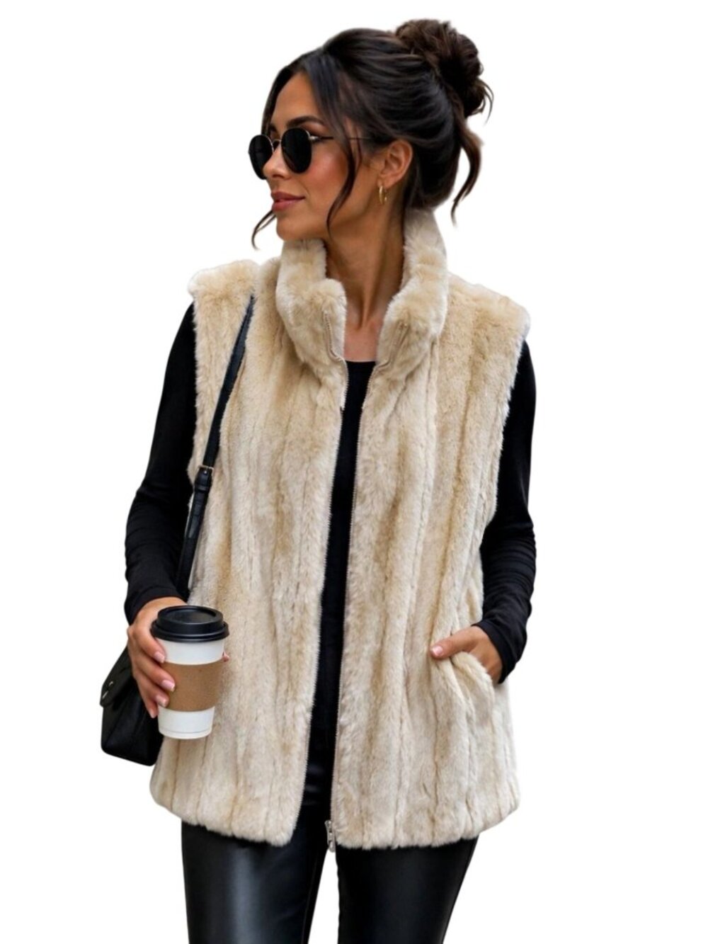 Kristen Blake Faux Fur Neutral Reversible Vest Full Zip Pockets Size L